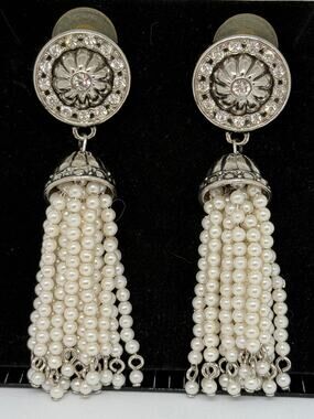VINTAGE Avon Pearl Tassel Rhinestone Earrings Art Deco Gatsby Old Hollywood Glam